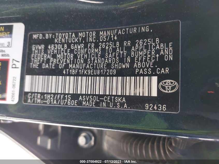 2014 TOYOTA CAMRY L/LE/XLE/SE/SE SPORT - 4T1BF1FK9EU817209