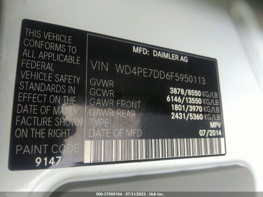 2015 MERCEDES-BENZ SPRINTER VANS WD4PE7DD6F5950113