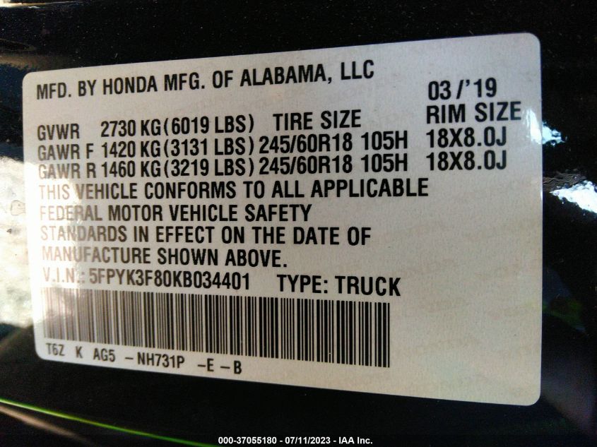 2019 HONDA RIDGELINE BLACK EDITION - 5FPYK3F80KB034401