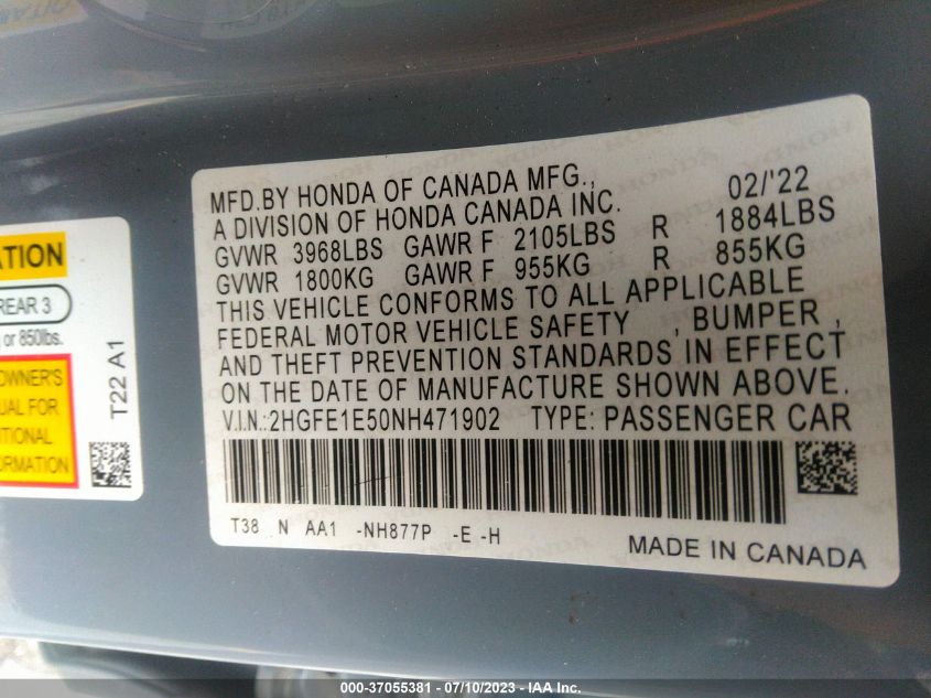 2022 HONDA CIVIC SI 2HGFE1E50NH471902