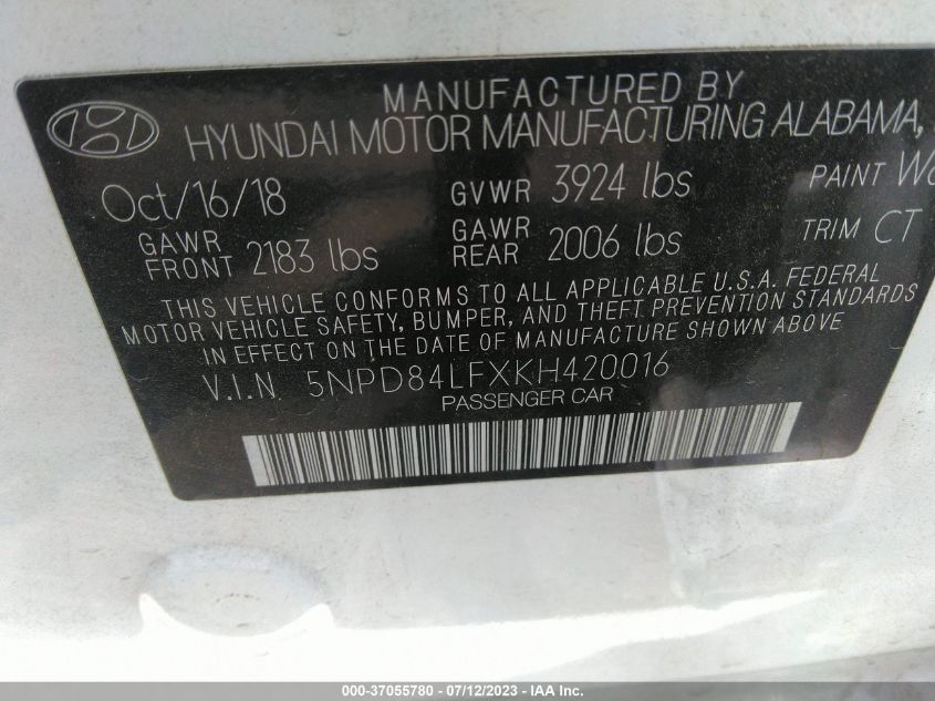 2019 HYUNDAI ELANTRA SEL - 5NPD84LFXKH420016