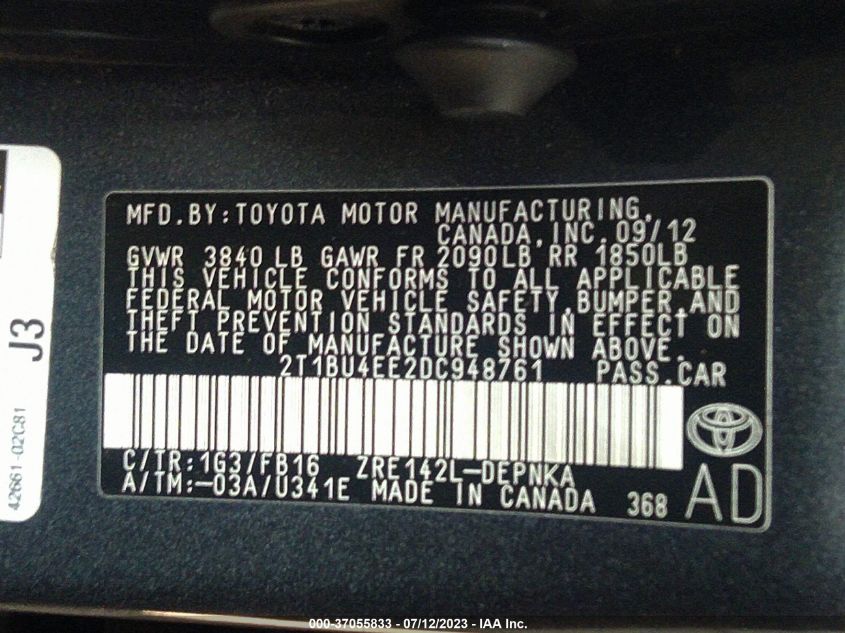 2013 TOYOTA COROLLA L/LE/S - 2T1BU4EE2DC948761