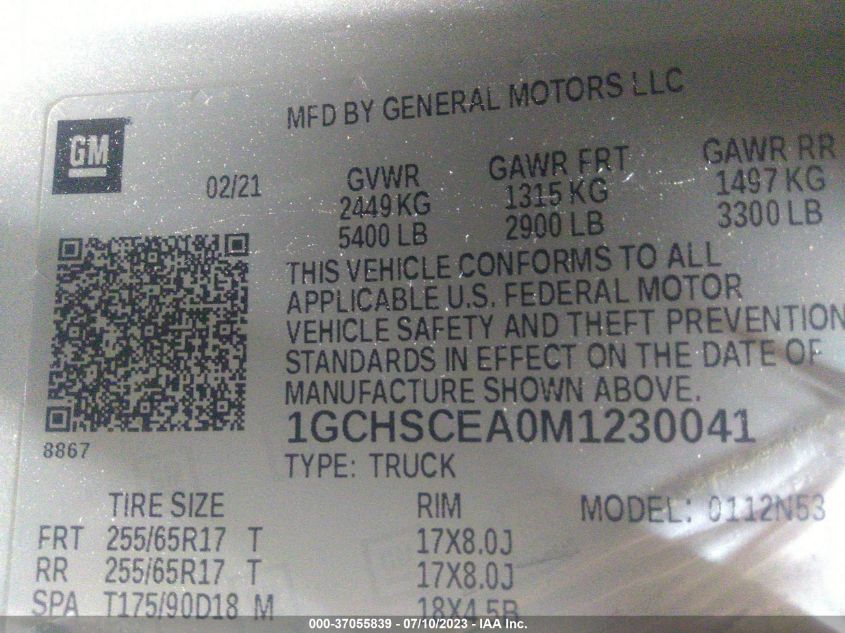 2021 CHEVROLET COLORADO 2WD LT - 1GCHSCEA0M1230041