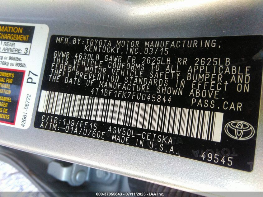2015 TOYOTA CAMRY LE/XLE/SE/XSE - 4T1BF1FK7FU045844