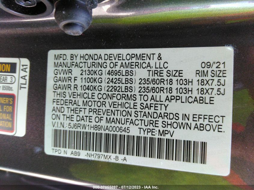 2022 HONDA CR-V EXL - 5J6RW1H89NA000645