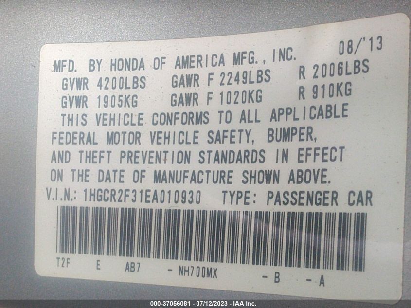 2014 HONDA ACCORD SEDAN LX - 1HGCR2F31EA010930