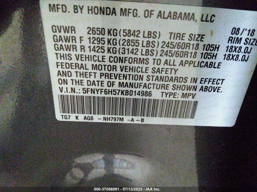 2019 HONDA PILOT EX-L - 5FNYF6H57KB014986