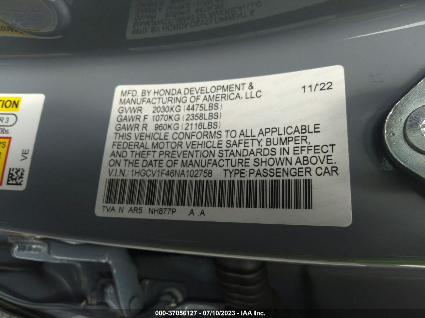 2022 HONDA ACCORD SEDAN SPORT SE - 1HGCV1F46NA102758