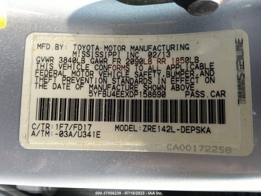 2013 TOYOTA COROLLA L/LE/S - 5YFBU4EEXDP158690
