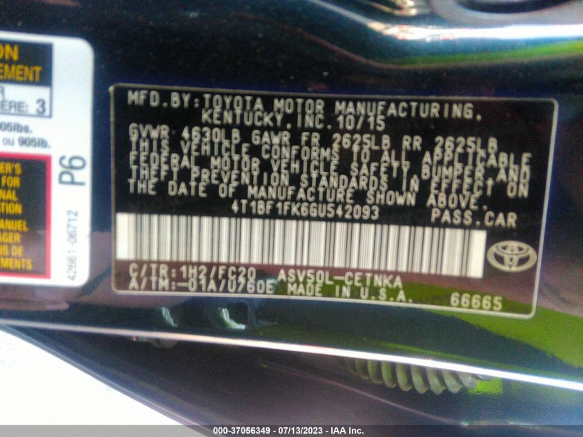 2016 TOYOTA CAMRY LE - 4T1BF1FK6GU542093