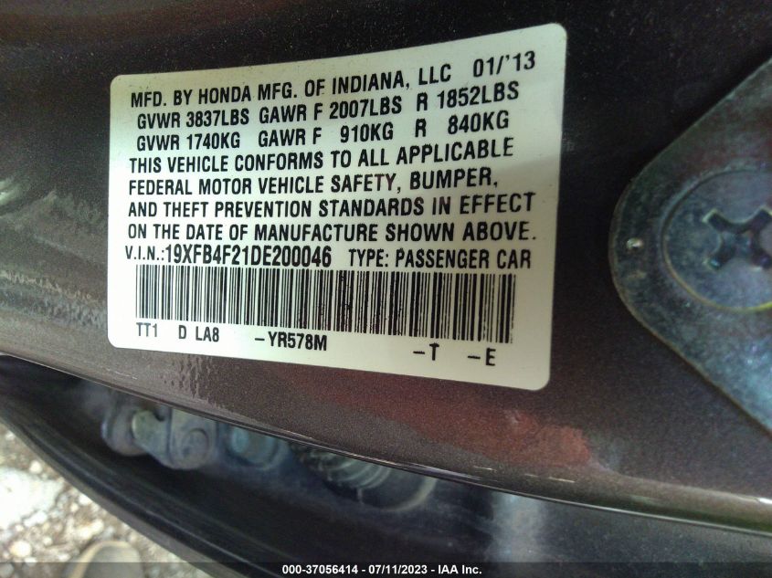 2013 HONDA CIVIC HYBRID 19XFB4F21DE200046