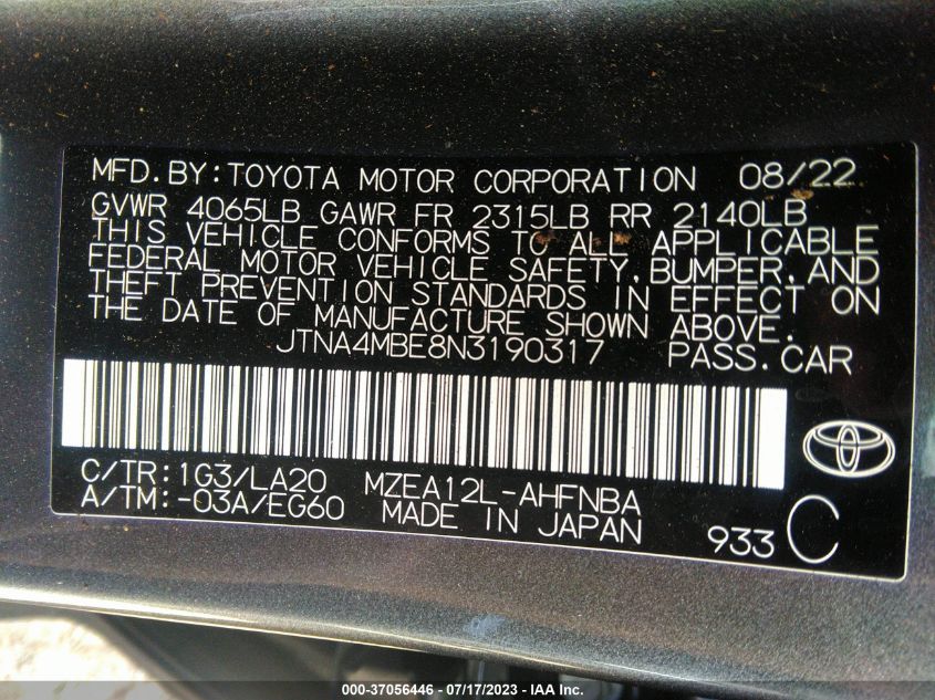 2022 TOYOTA COROLLA HATCHBACK XSE JTNA4MBE8N3190317