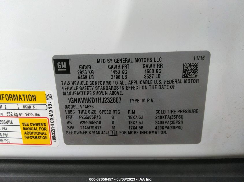 2017 CHEVROLET TRAVERSE LT - 1GNKVHKD1HJ232807