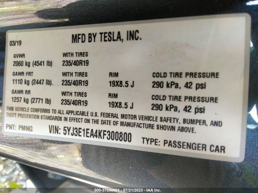 2019 TESLA MODEL 3 RANGE - 5YJ3E1EA4KF300800