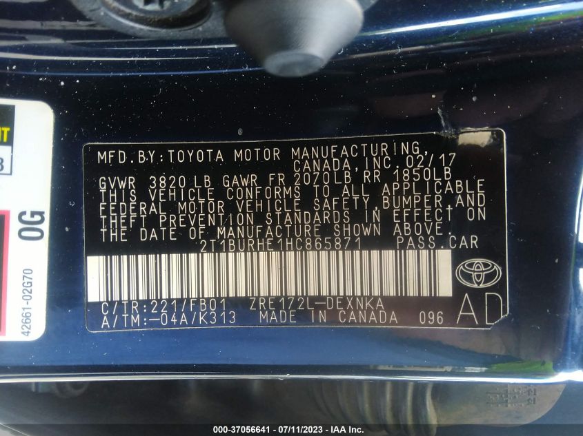 2017 TOYOTA COROLLA L/LE/XLE/SE - 2T1BURHE1HC865871