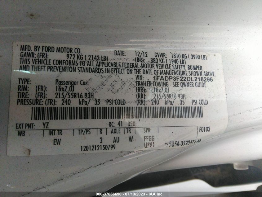2013 FORD FOCUS SE - 1FADP3F22DL218295