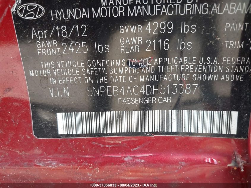 2013 HYUNDAI SONATA GLS - 5NPEB4AC4DH513387
