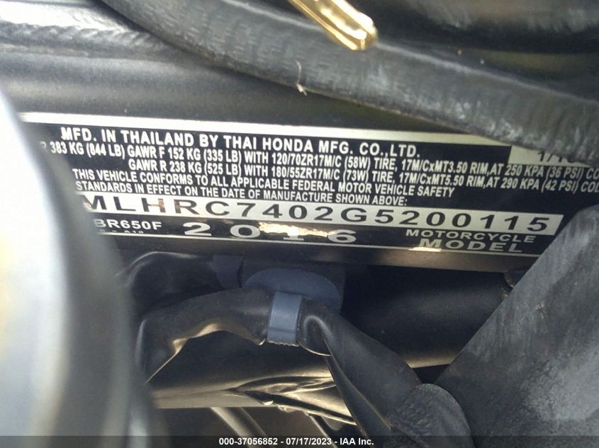 2016 HONDA CBR650 F - MLHRC7402G5200115