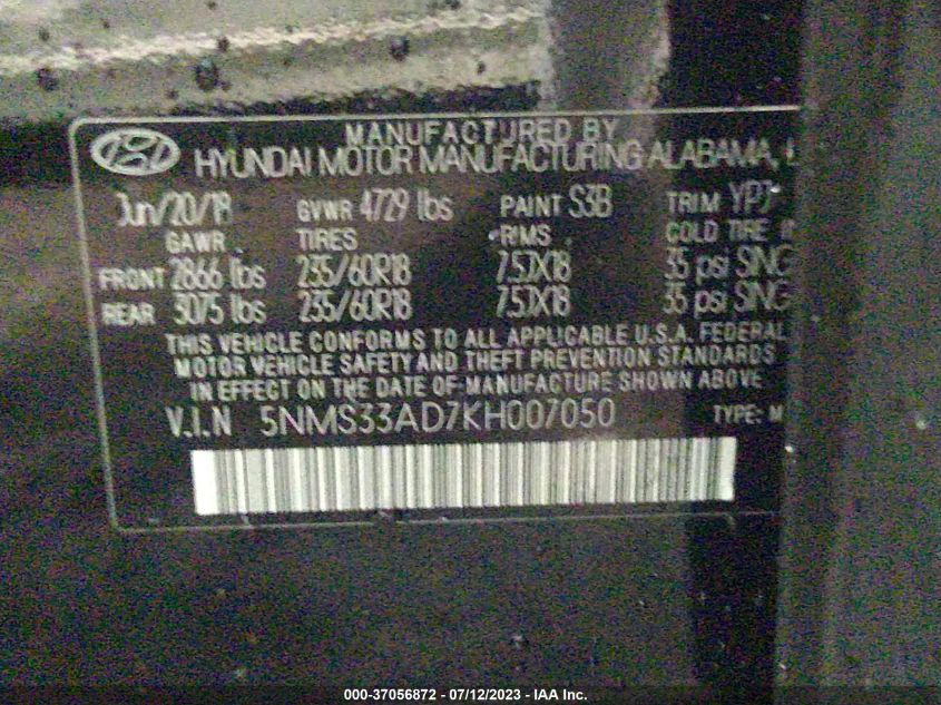 2019 HYUNDAI SANTA FE SEL PLUS - 5NMS33AD7KH007050