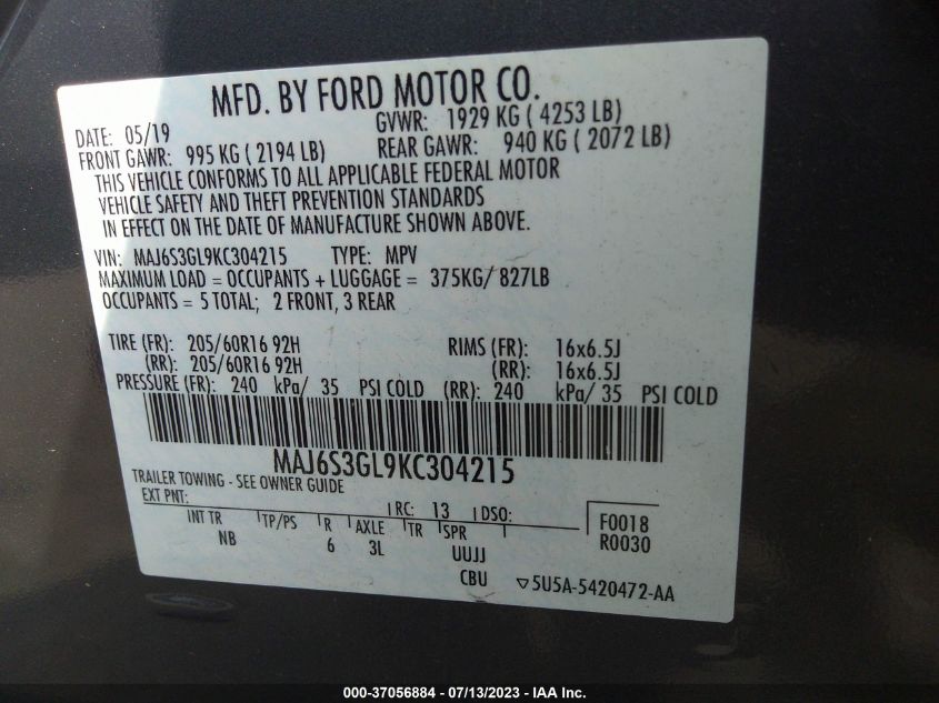 2019 FORD ECOSPORT SE - MAJ6S3GL9KC304215