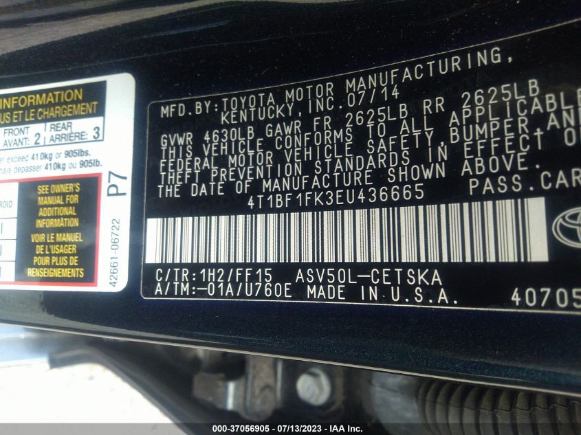 2014 TOYOTA CAMRY L/SE/LE/XLE - 4T1BF1FK3ERU43666