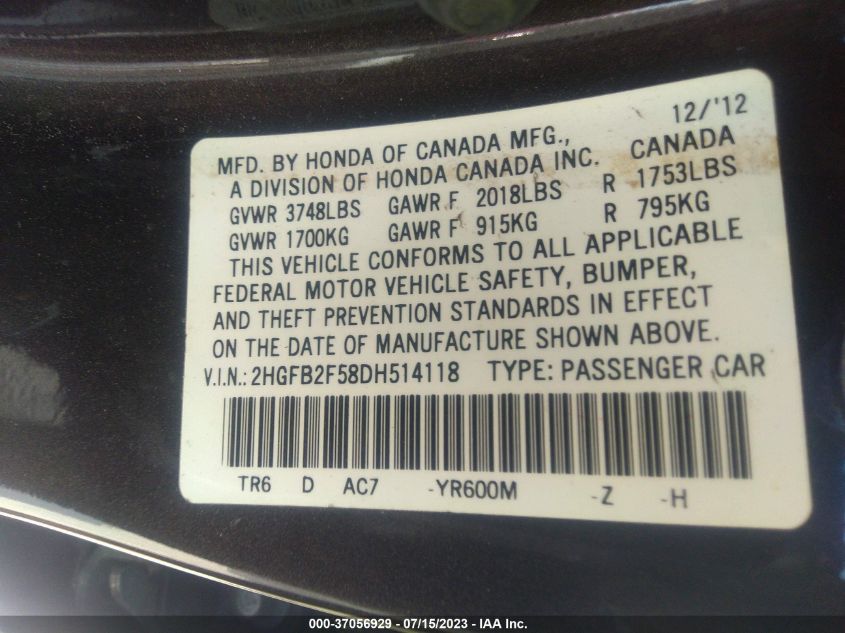 2013 HONDA CIVIC SDN LX - 2HGFB2F58DH514118
