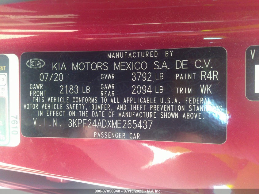 VIN 3KPF24ADXME265437 2021 KIA FORTE LXS