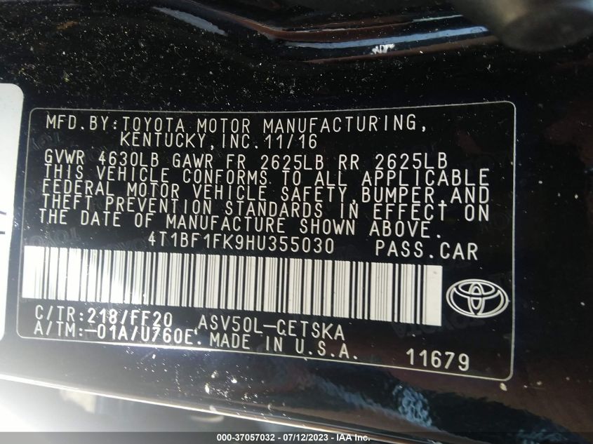 2017 TOYOTA CAMRY XLE/SE/LE/XSE - 4T1BF1FK9HU355030