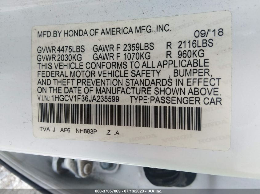 2018 HONDA ACCORD SEDAN SPORT 1.5T - 1HGCV1F36JA235599