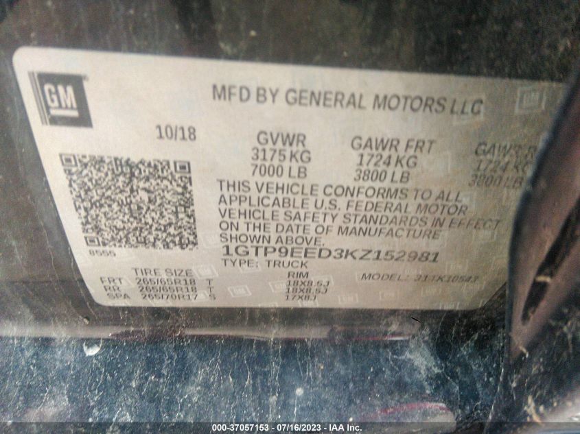 2019 GMC SIERRA 1500 AT4 - 1GTP9EED3KZ152981