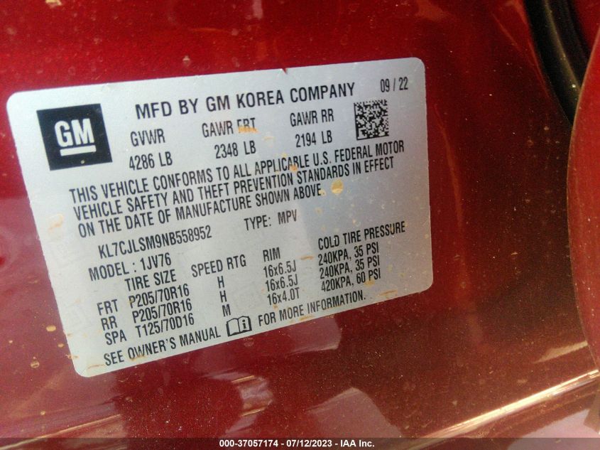 2022 CHEVROLET TRAX LT - KL7CJLSM9NB558952