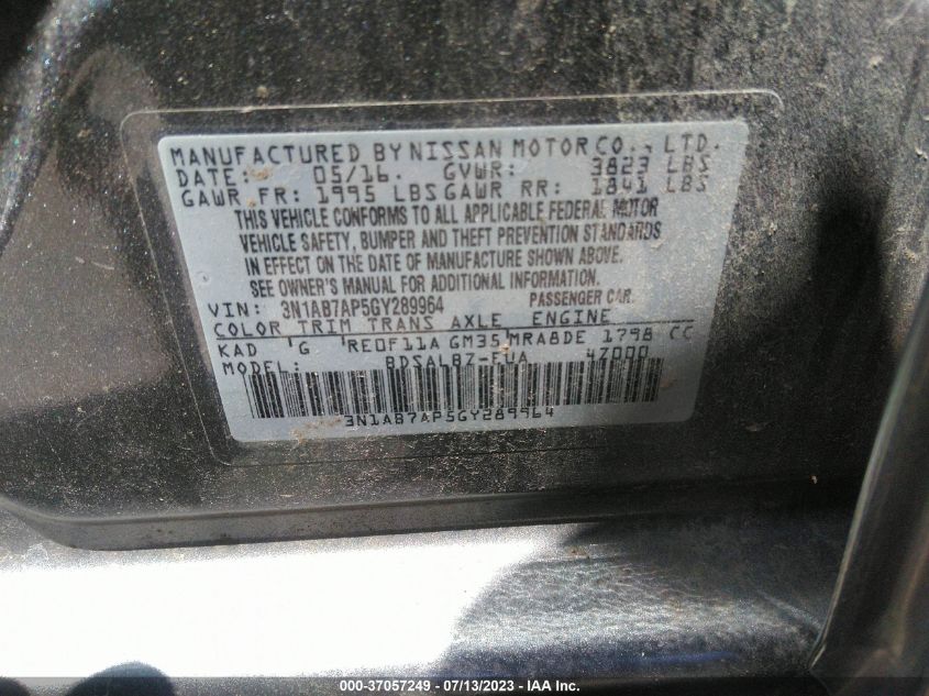 2016 NISSAN SENTRA S - 3N1AB7AP5GY289964