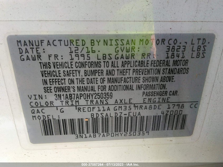 VIN 3N1AB7AP0HY250359 2017 NISSAN SENTRA SV