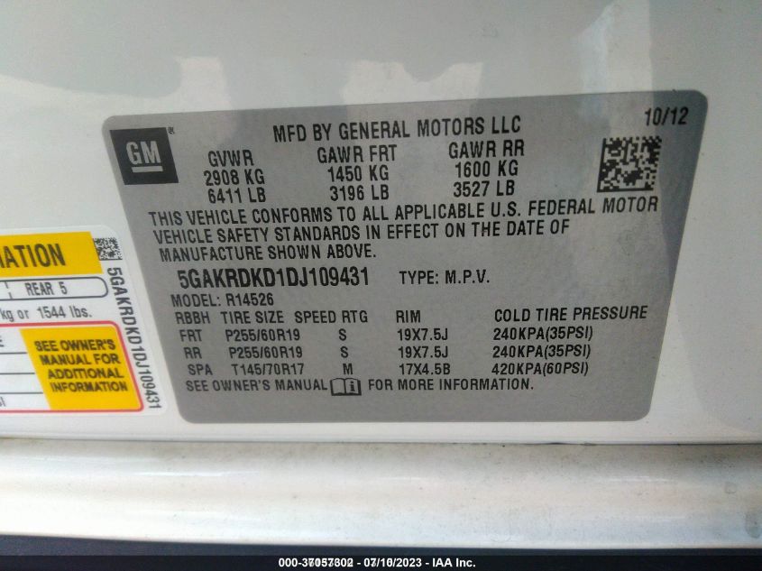 2013 BUICK ENCLAVE PREMIUM - 5GAKRDKD1DJ109431