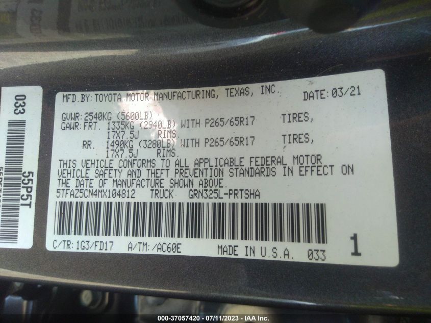 2021 TOYOTA TACOMA 2WD SR5/TRD SPORT - 5TFAZ5CN4MX104812