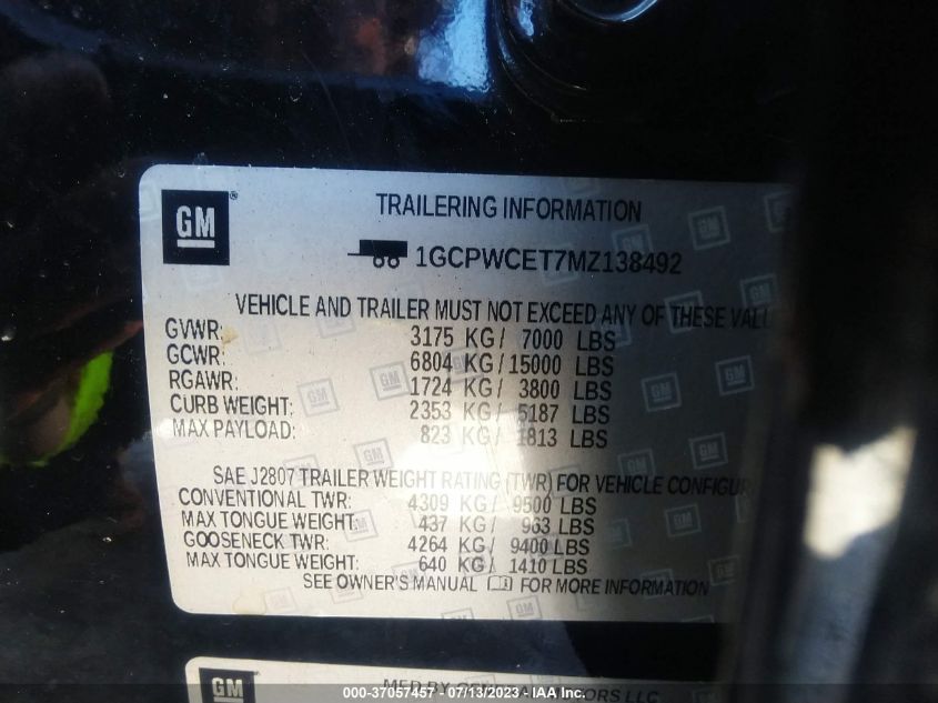 2021 CHEVROLET SILVERADO 1500 LT - 1GCPWCET7MZ138492