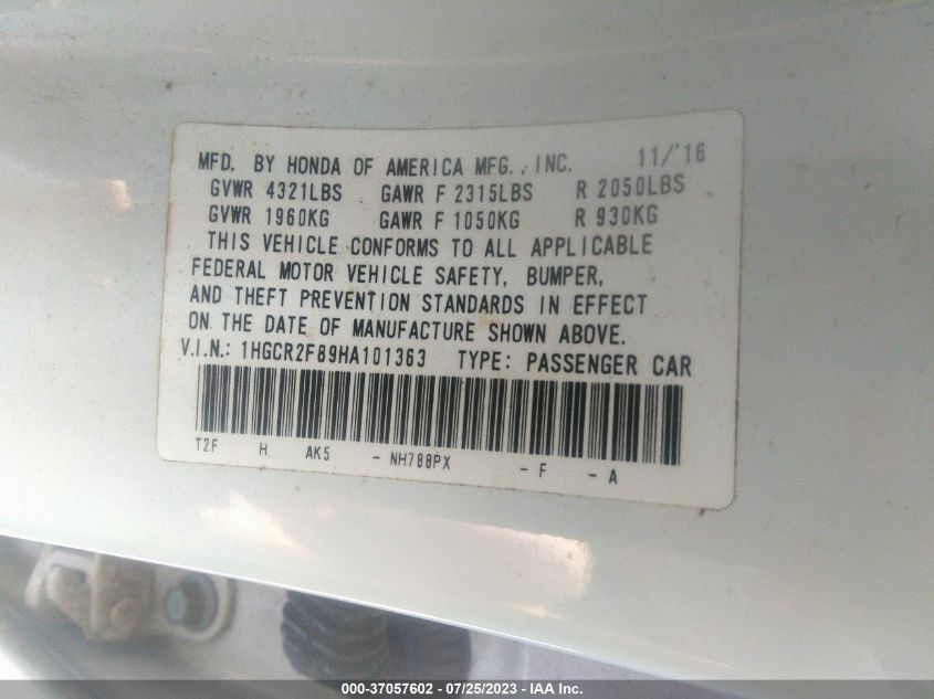 2017 HONDA ACCORD SEDAN EX-L - 1HGCR2F89HA101363