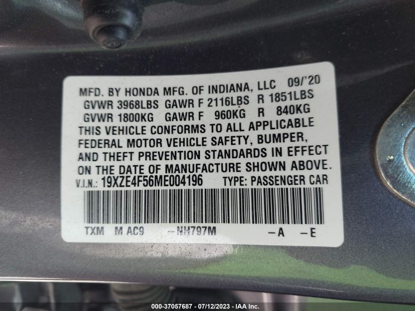 2021 HONDA INSIGHT EX - 19XZE4F56ME004196