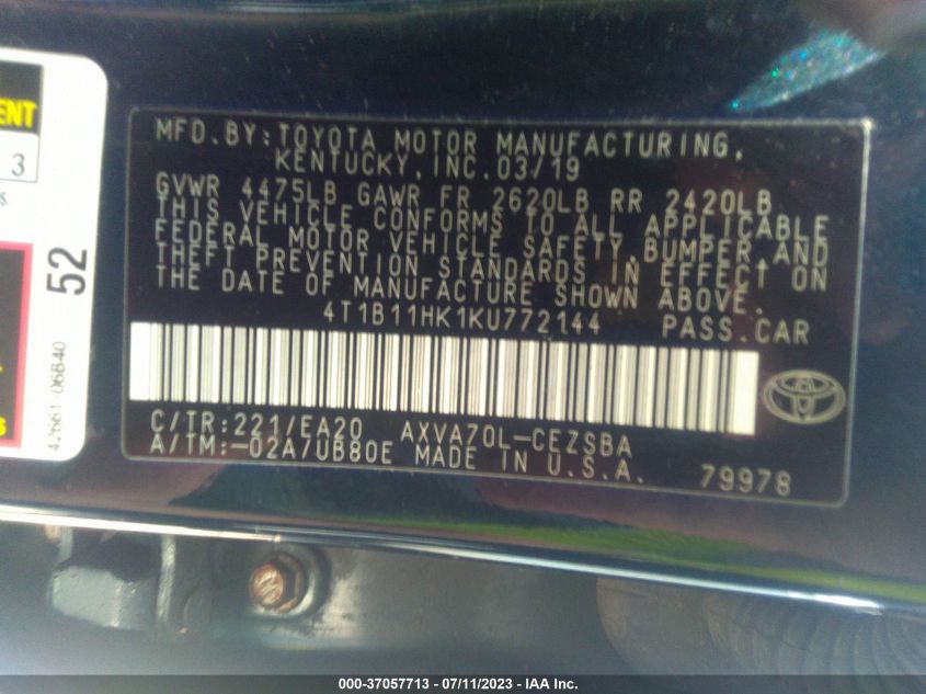 2019 TOYOTA CAMRY LE/SE/XLE/L - 4T1B11HK1KU772144