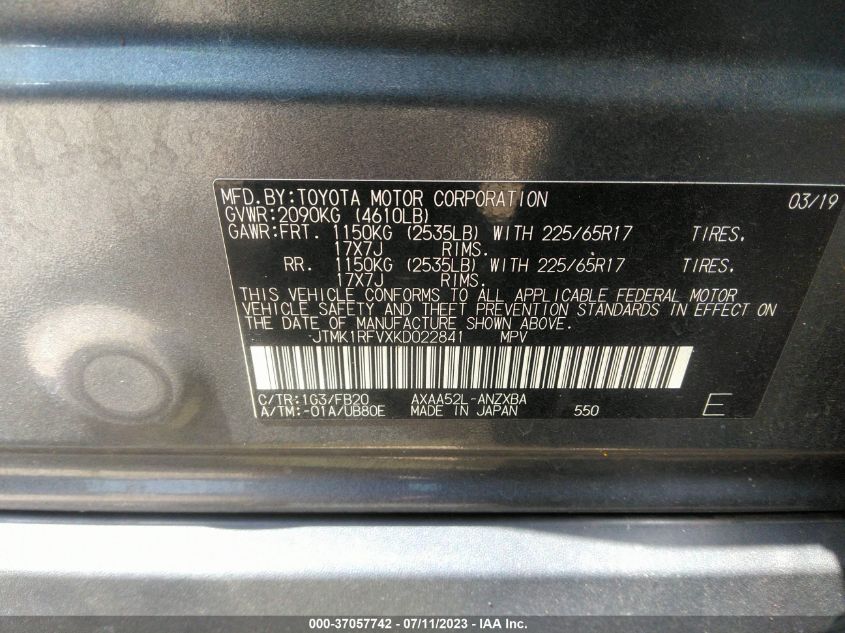 2019 TOYOTA RAV4 LE - JTMK1RFVXKD022841