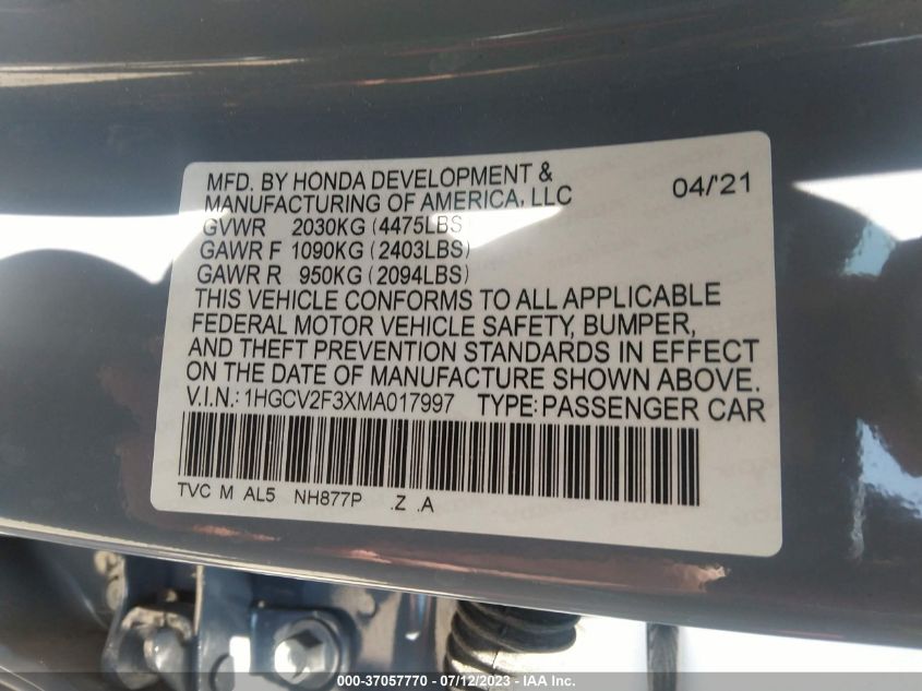 2021 HONDA ACCORD SEDAN SPORT - 1HGCV2F3XMA017997