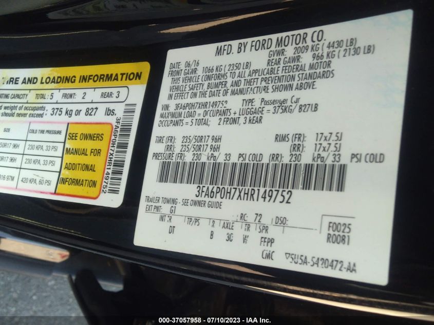 2017 FORD FUSION SE - 3FA6P0H7XHR149752
