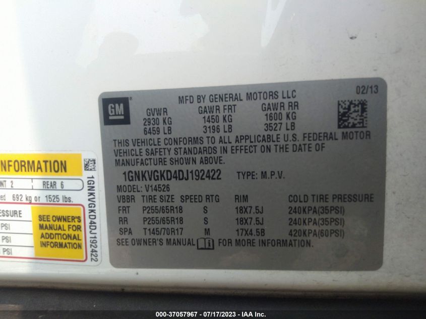 2013 CHEVROLET TRAVERSE LT - 1GNKVGKD4DJ192422