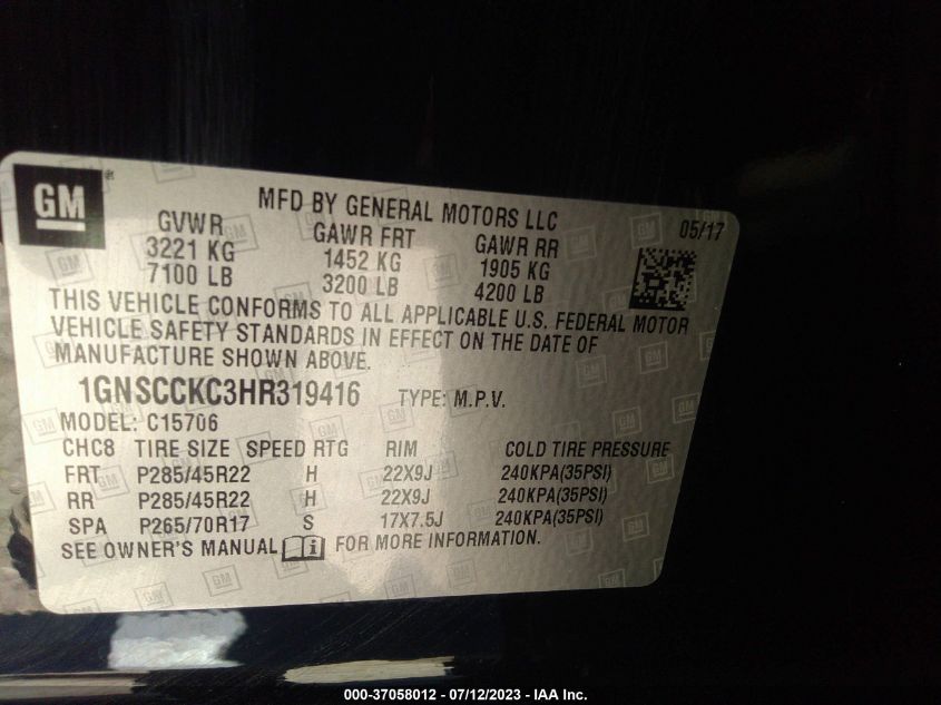 2017 CHEVROLET TAHOE C1500 PREMIER - 1GNSCCKC3HR319416