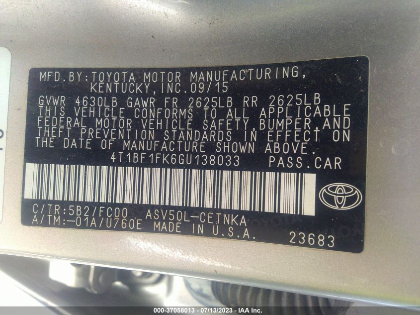 2016 TOYOTA CAMRY XLE/SE/LE/XSE - 4T1BF1FK6GU138033