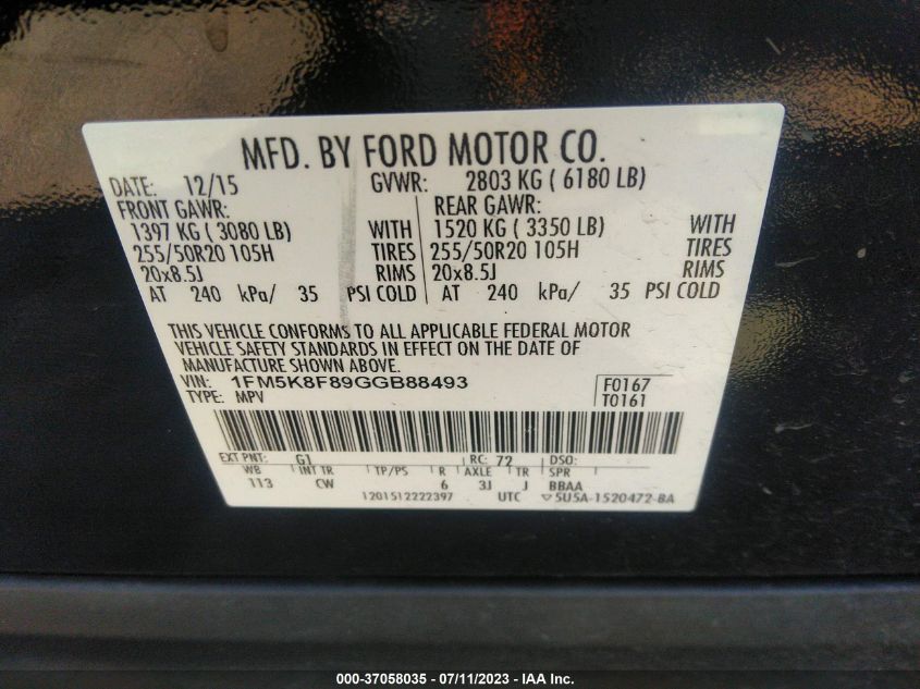 2016 FORD EXPLORER LIMITED - 1FM5K8F89GGB88493