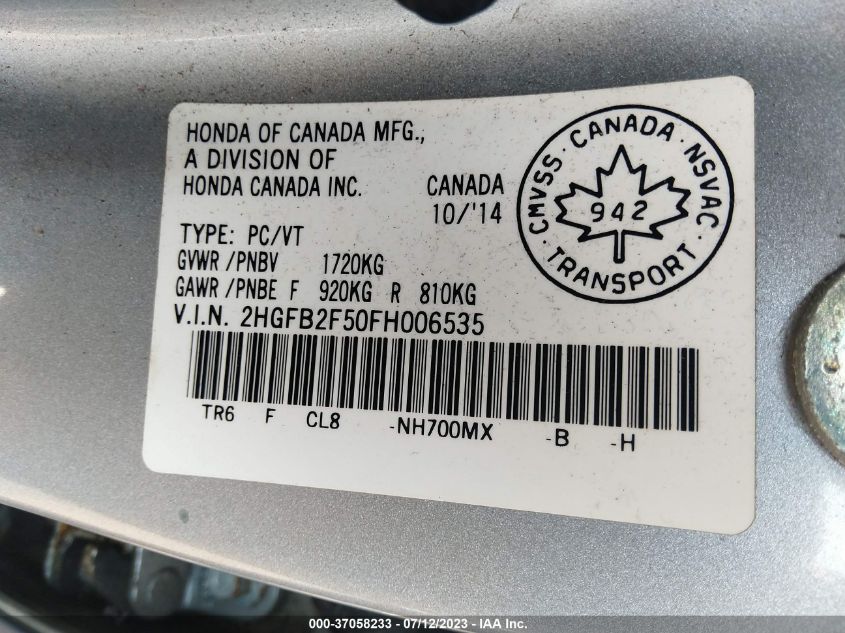 2015 HONDA CIVIC LX - 2HGFB2F50FH006535
