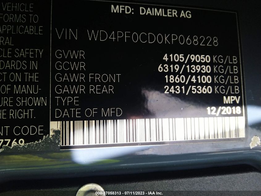 2019 MERCEDES-BENZ SPRINTER VAN WD4PF0CD0KP068228
