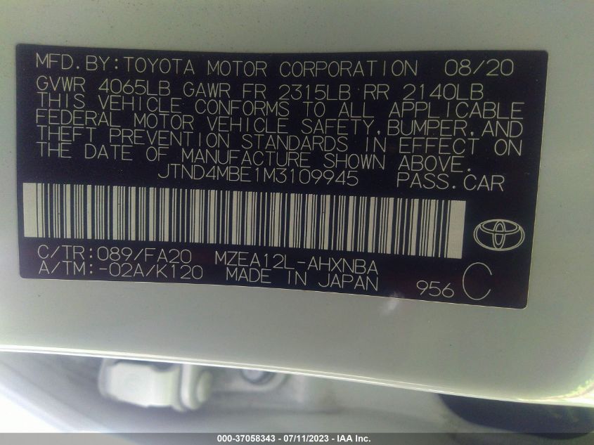 2021 TOYOTA COROLLA HATCHBACK SE JTND4MBE1M3109945