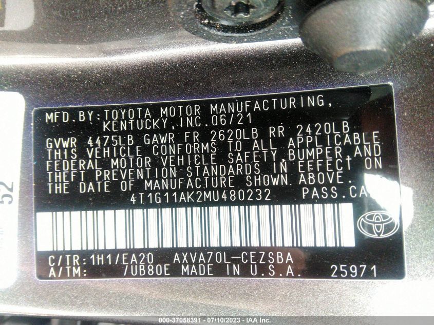 2021 TOYOTA CAMRY SE - 4T1G11AK2MU480232